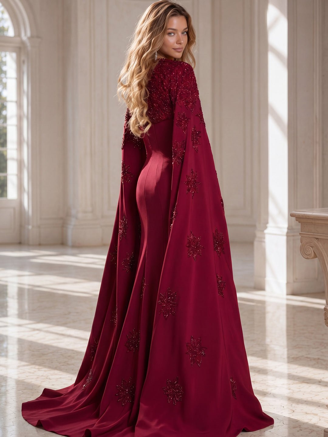 Jovani 39957 Fitted Gown with Beaded Cape and Floral Appliqué