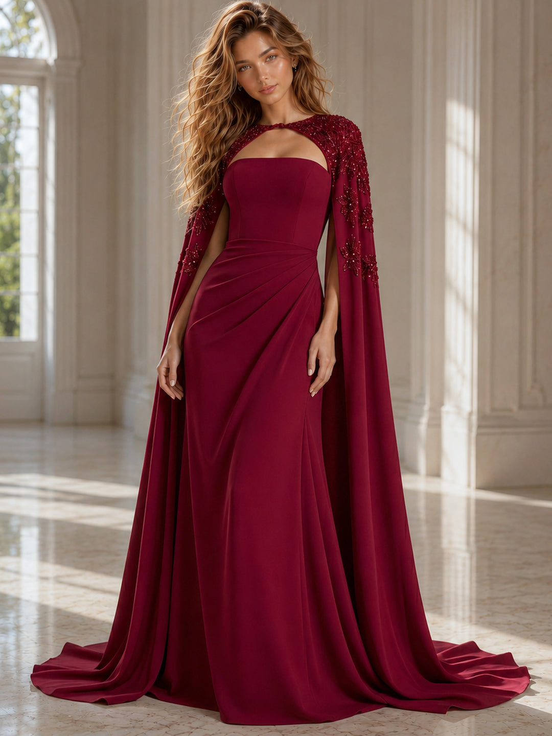 Jovani 39957 Fitted Gown with Beaded Cape and Floral Appliqué