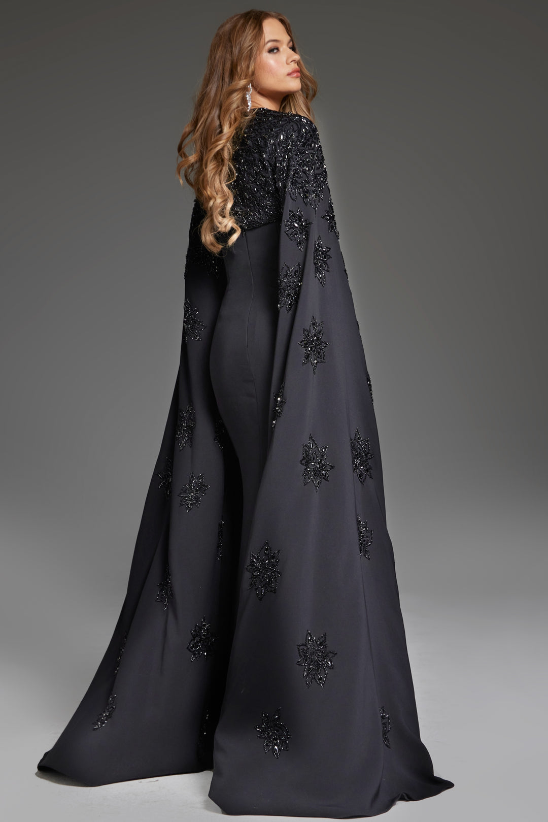 Jovani 39957 Fitted Gown with Beaded Cape and Floral Appliqué