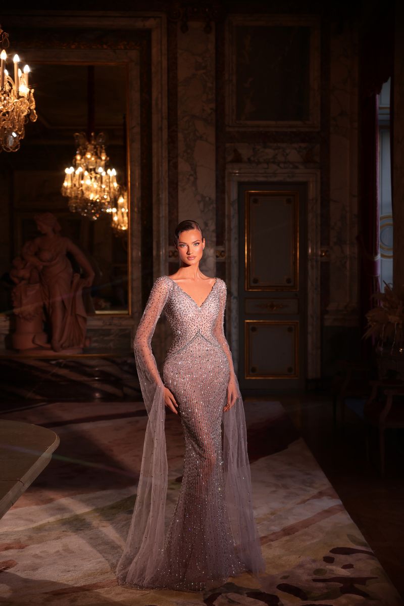 Chic & Holland HF110682 Long Sleeve Beaded Couture Dress