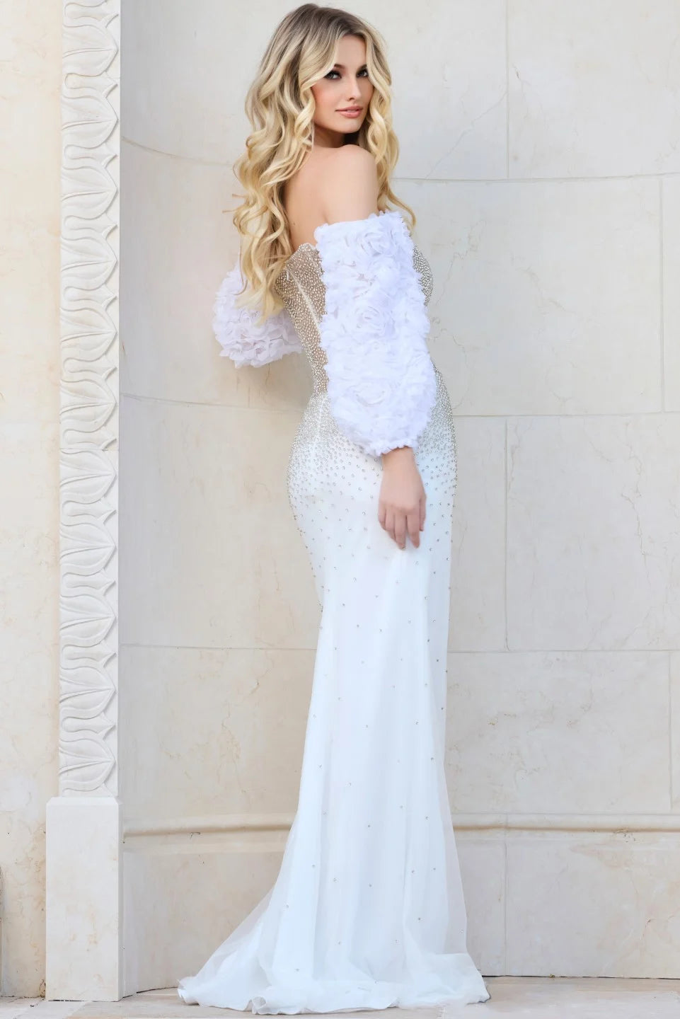 Jovani 40179 Off-Shoulder Gown with Sheer Beaded Bodice
