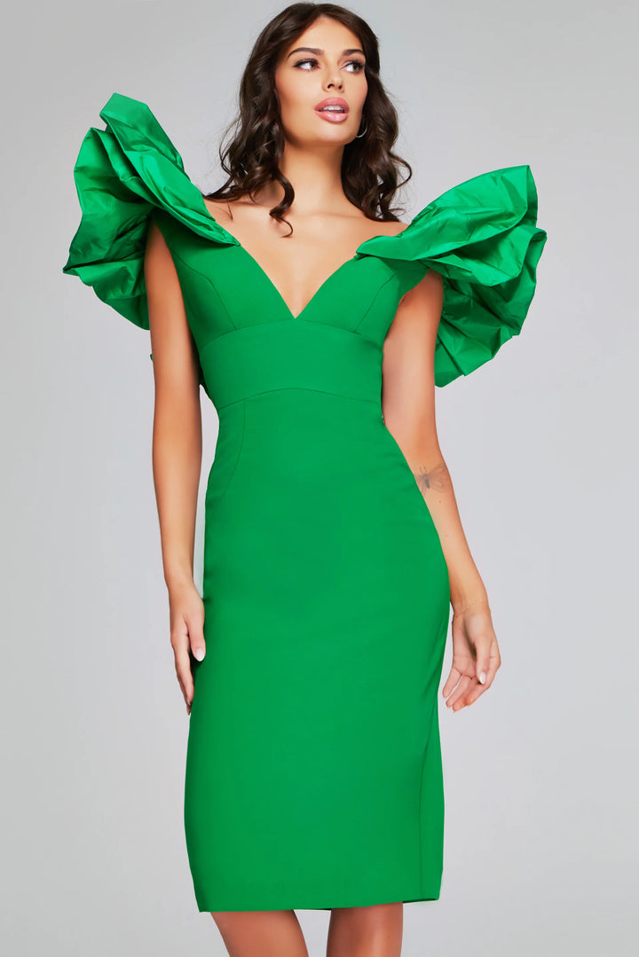 Jovani 40662 Elegant Ruffle Shoulder Midi Dress