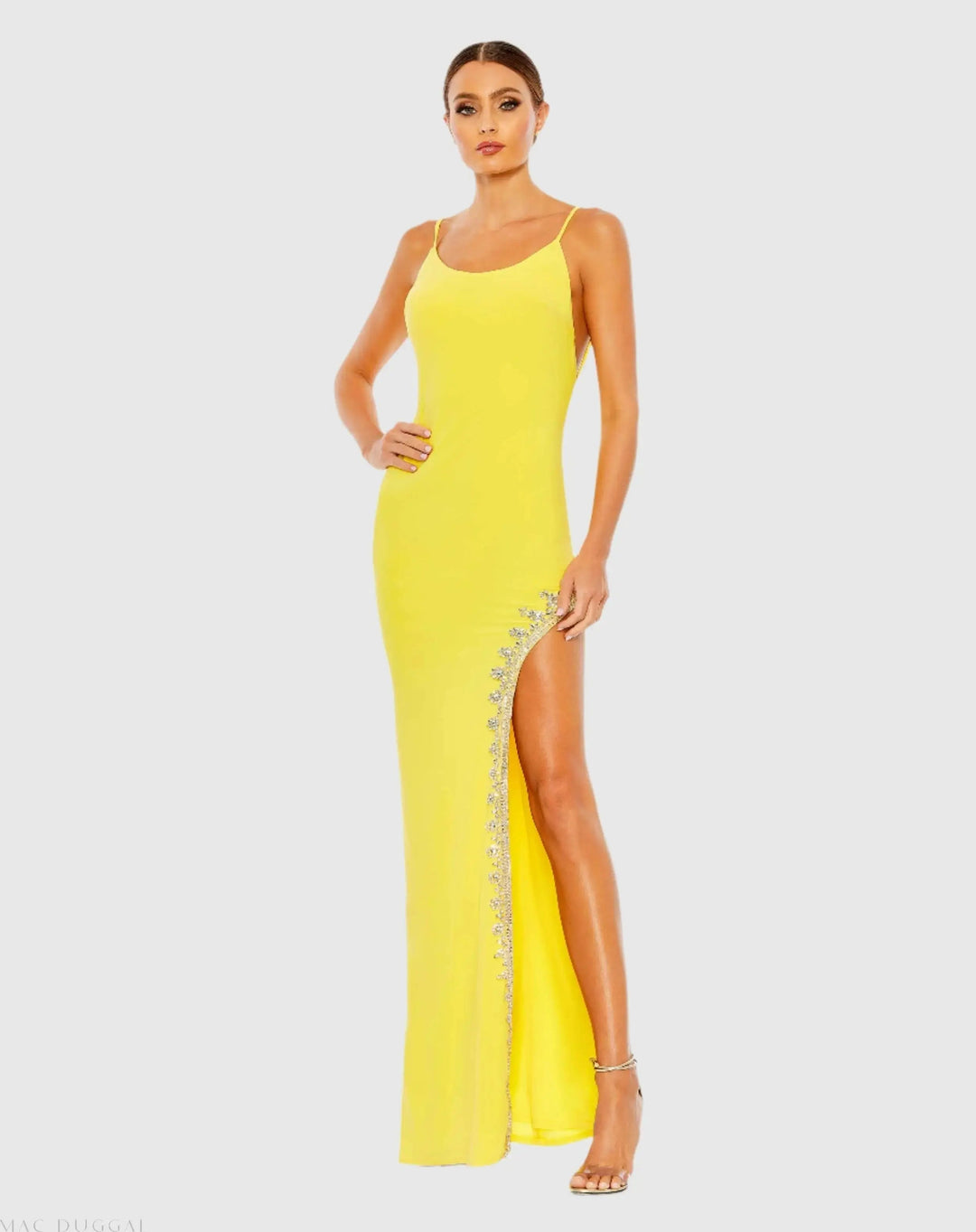 Mac Duggal 42002 Rhinestone Encrusted Side Slit Cami Bodycon Gown