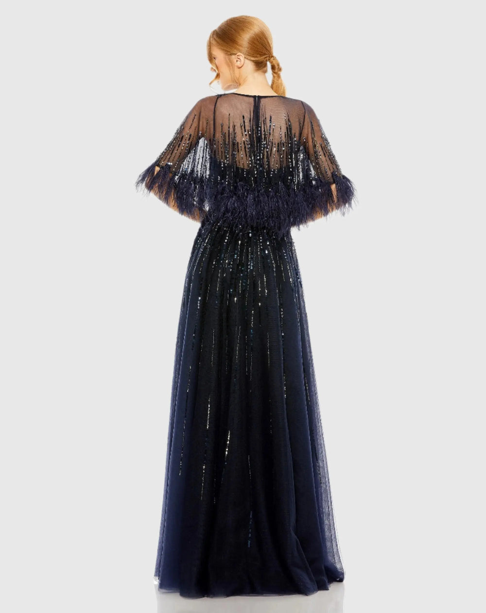 Mac Duggal 42098 Embellished A Line Gown with Feather Detail Cape