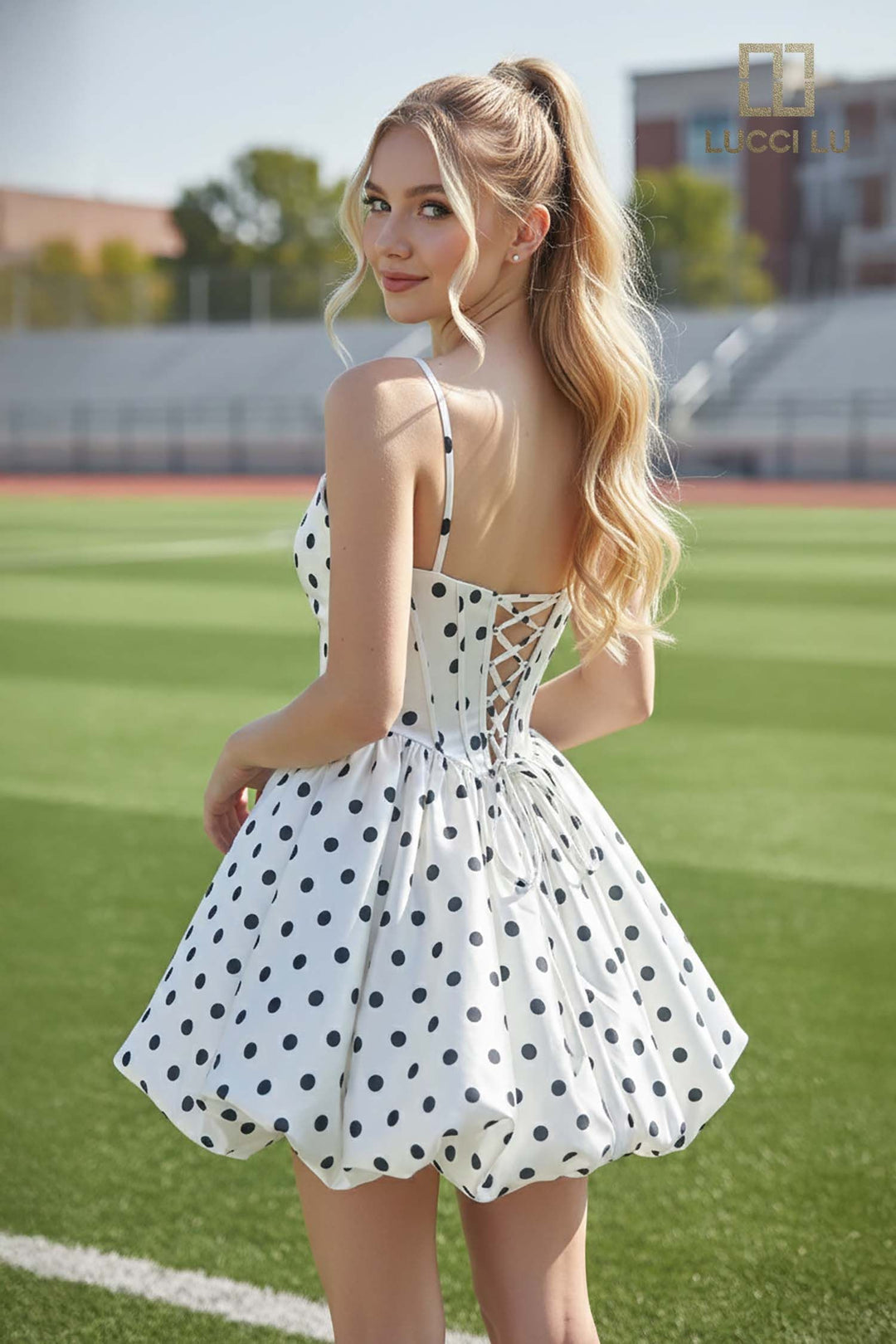 Lucci Lu 4247 V-Neck Spaghetti Strap Double-Bow Corset Bubble-Hem A-Line Mini Dress with Lace-Up Back