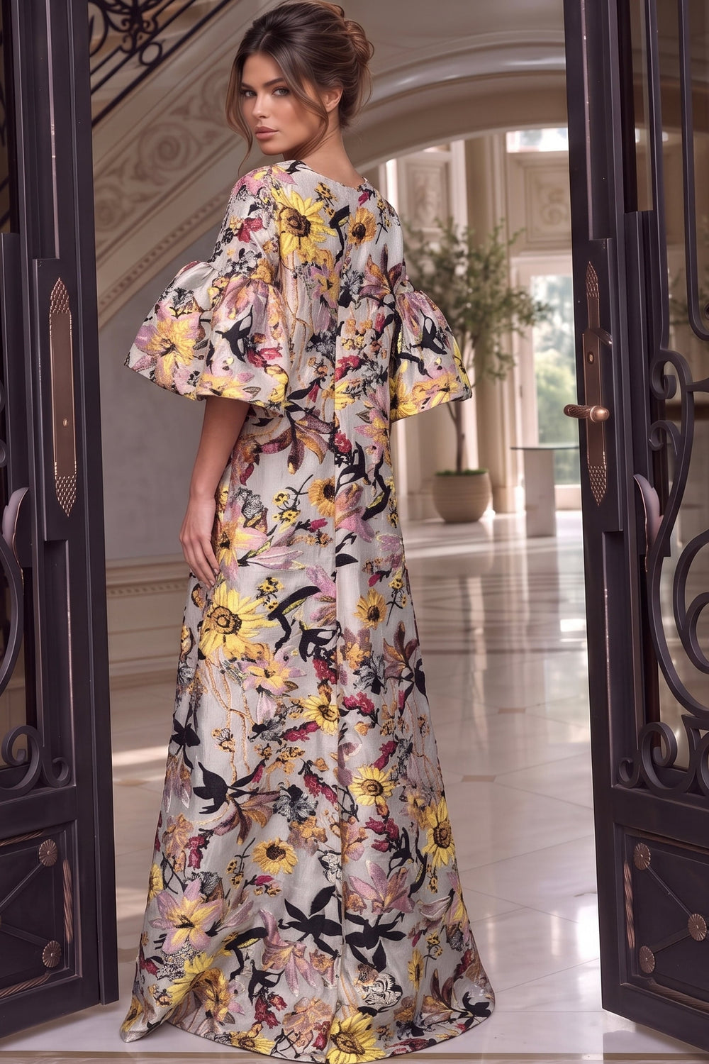 Jovani 42650 floral jacquard bell sleeve maxi gown back view
