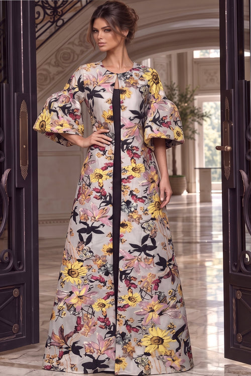 Jovani 42650 Floral Jacquard Bell Sleeve Open Front Maxi Gown