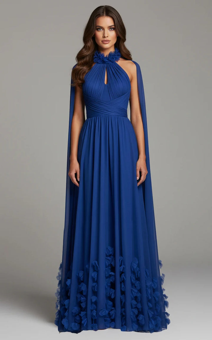 Jovani 42861 Halter Neck Pleated Gown With Floral Appliqué