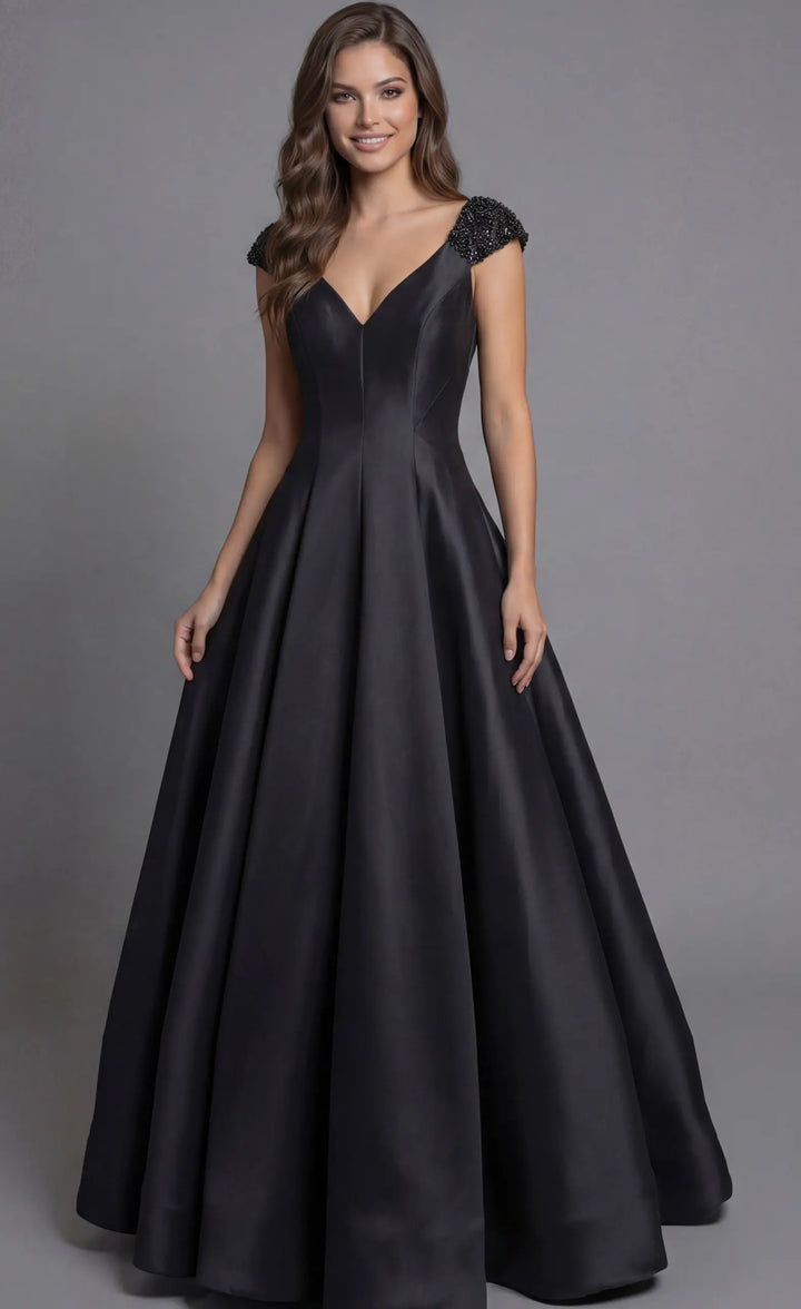 Jovani 43809 deep V-neck ball gown with cap sleeves front view