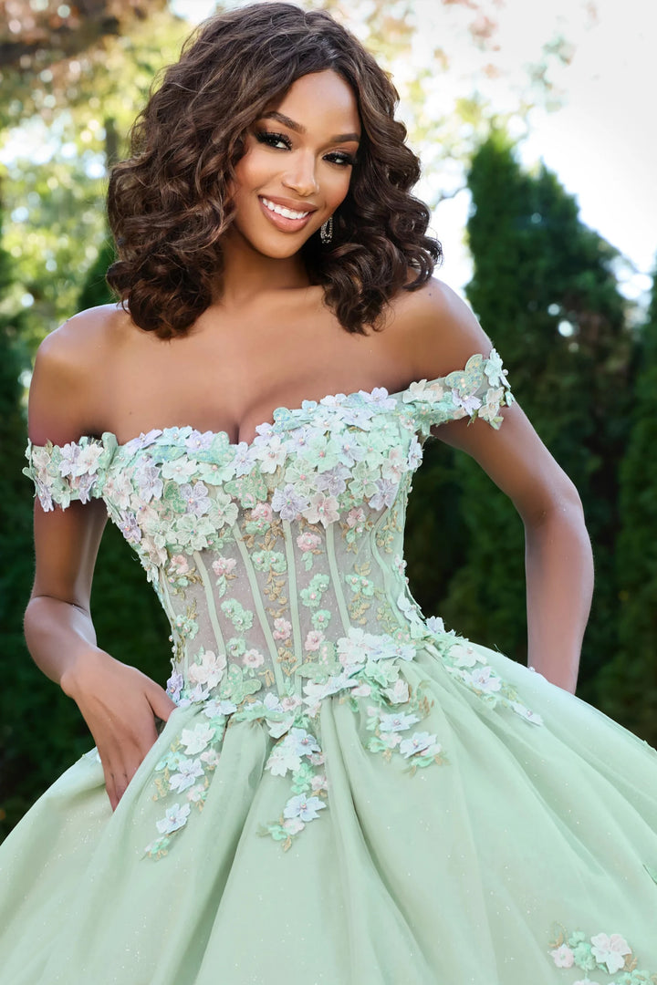 Jovani Q43811 Off the Shoulder Quinceañera Gown with Floral Appliques