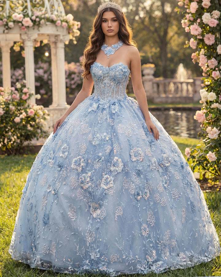 Jovani Q43813 Strapless Ball Gown with Lace Embroidery
