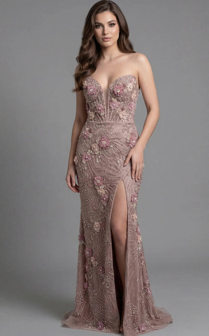 Jovani 43999 mermaid gown floral crystal embroidery detail view 3