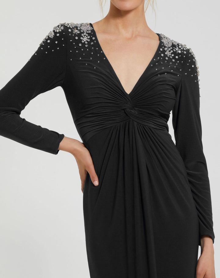 Mac Duggal 44063A Jersey V-Neck Faux Knot Gown with Beaded Shoulders