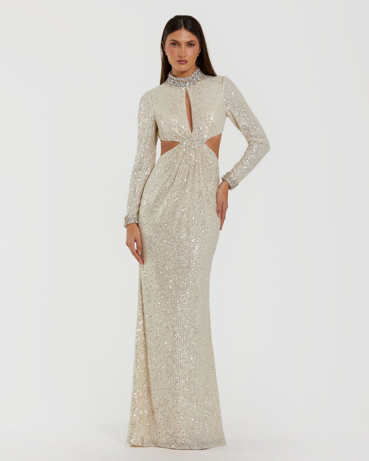 Mac Duggal 44168 Long Sleeve Sequin Cutout Gown
