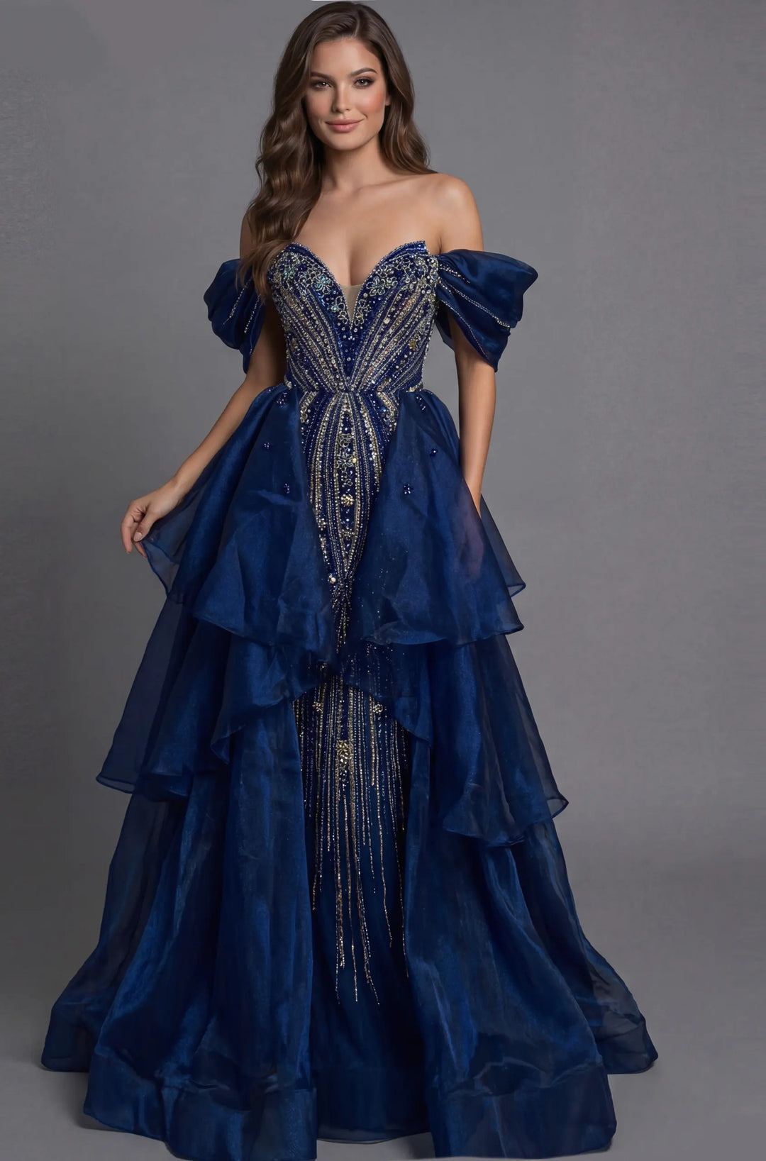 Jovani 45076 off-the-shoulder ball gown with corset back front view