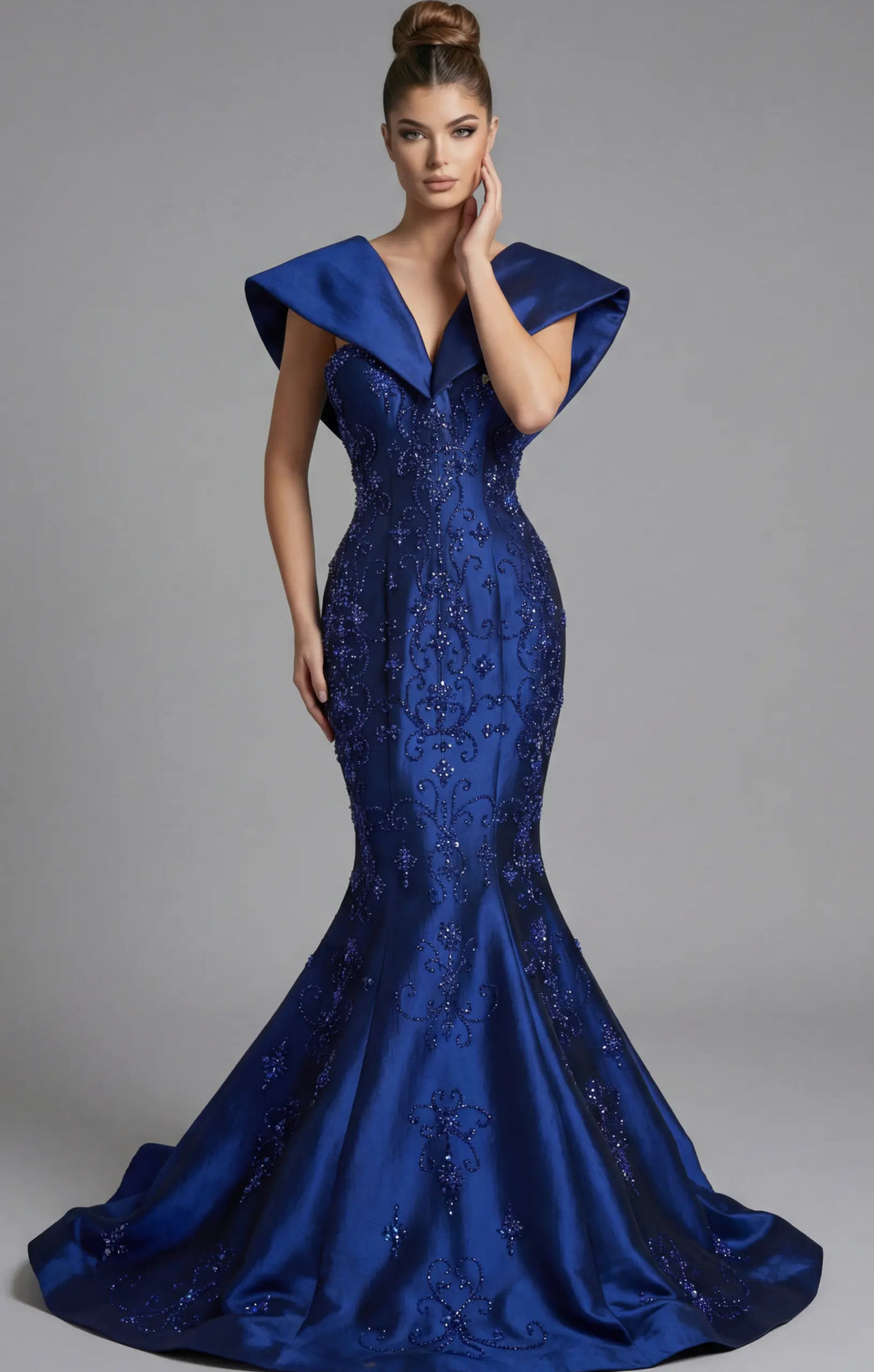 Jovani 45337 V-neck mermaid gown with sculpted collar front view