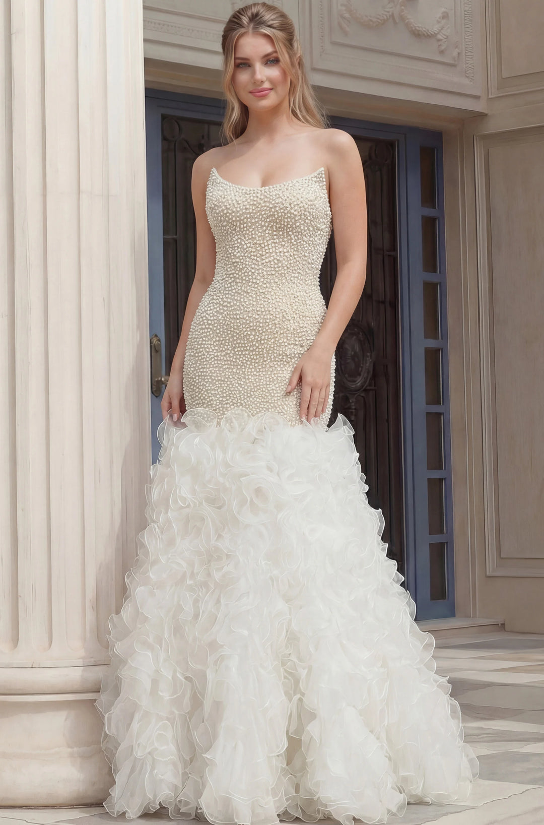 Jovani 45339 Pearl Beaded Strapless Mermaid Bridal dress