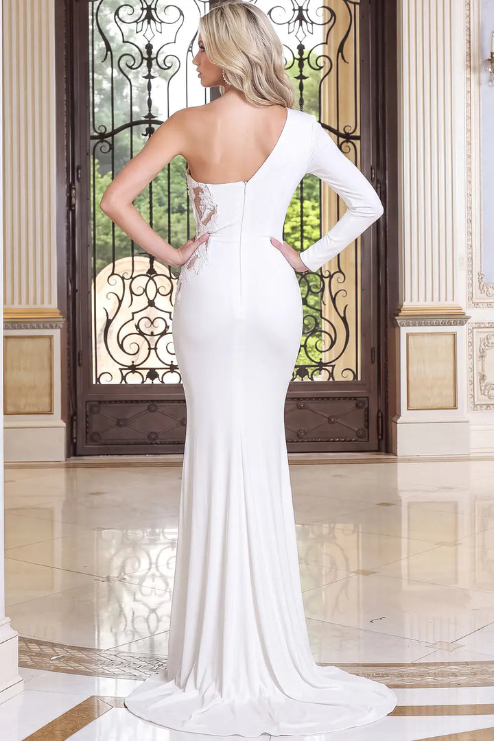 Jovani 45490 one sleeve evening gown back view with center zipper and sweep train