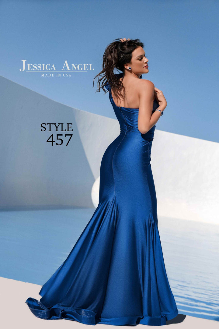 Jessica Angel 457 one sleeve mermaid gown back view