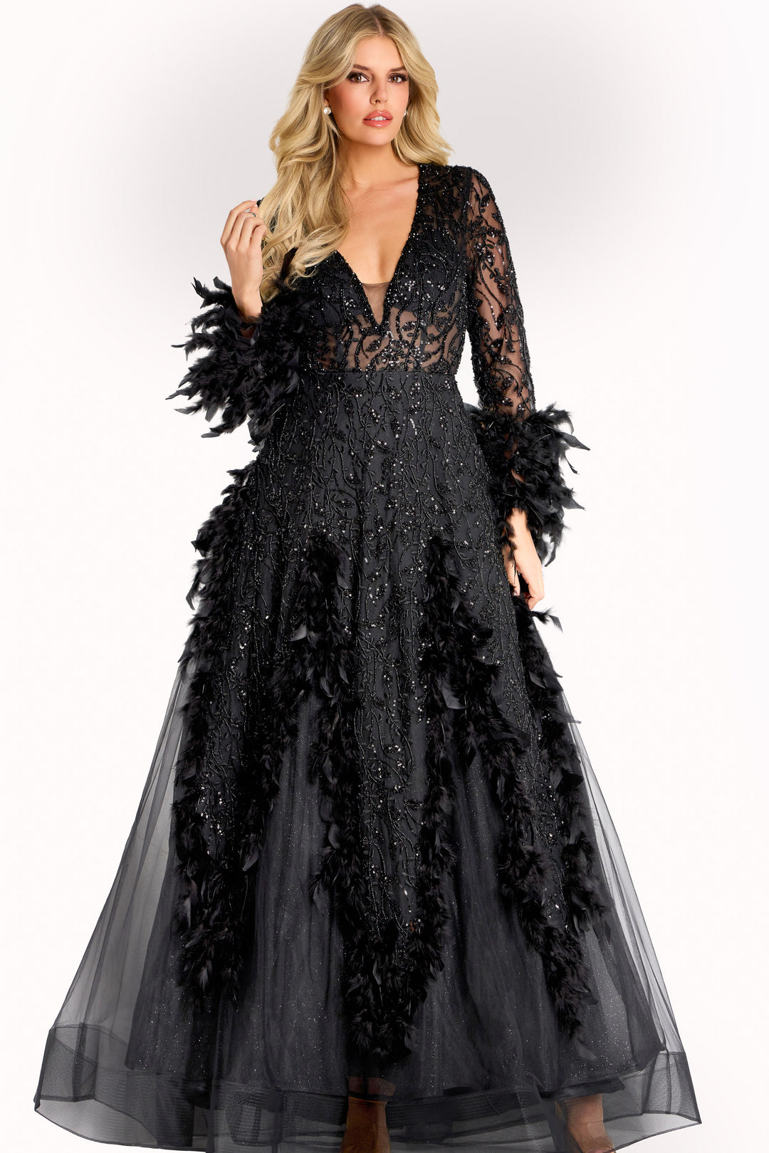 Jovani 45801 Beaded Gown With Sheer Sleeves - FOSTANI.com