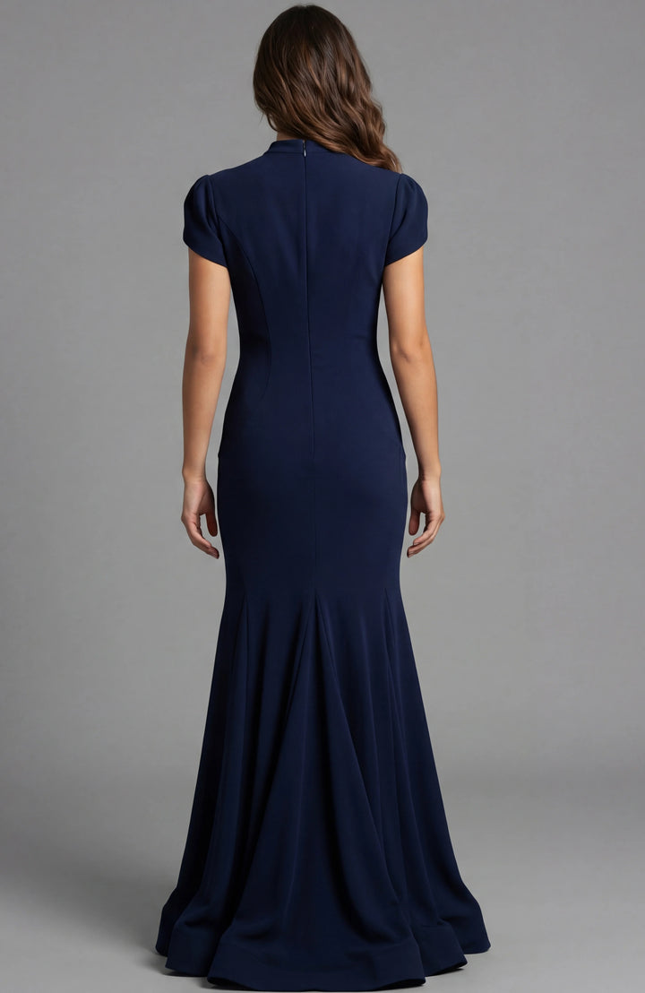 Jovani 46520 Cap Sleeve Fitted Gown With High Neck And Draped Detail - FOSTANI.com