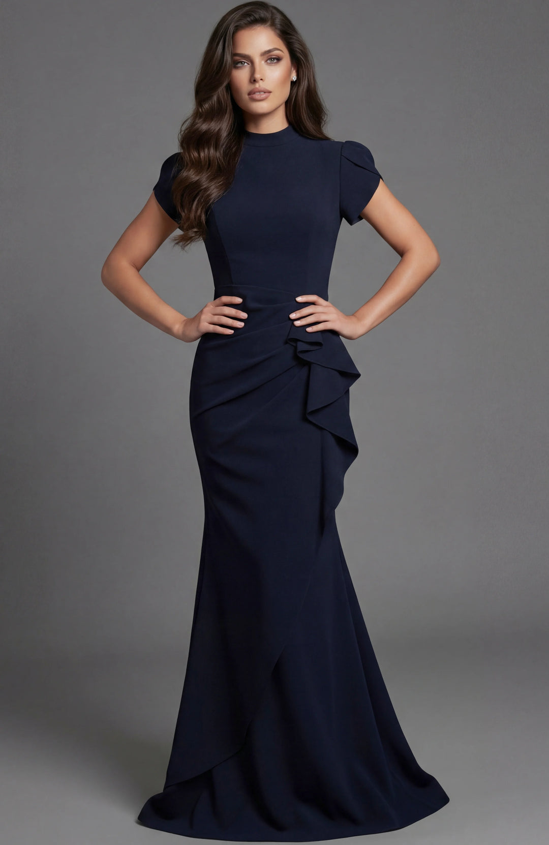 Jovani 46520 Cap Sleeve Fitted Gown With High Neck And Draped Detail - FOSTANI.com