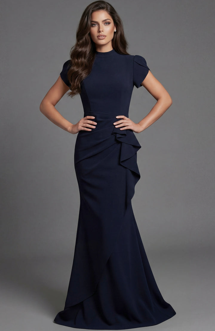 Jovani 46520 Cap Sleeve Fitted Gown With High Neck And Draped Detail - FOSTANI.com