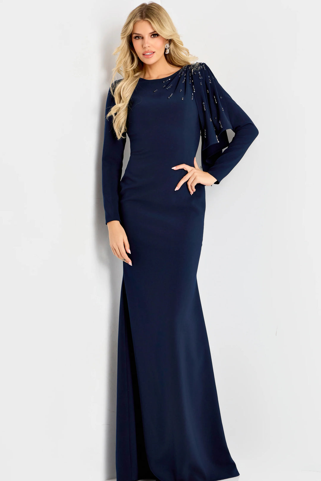Jovani 46738 Long Sleeve Gown With Draped Shoulder Detail - FOSTANI.com