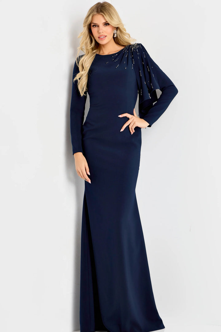 Jovani 46738 Long Sleeve Gown With Draped Shoulder Detail - FOSTANI.com