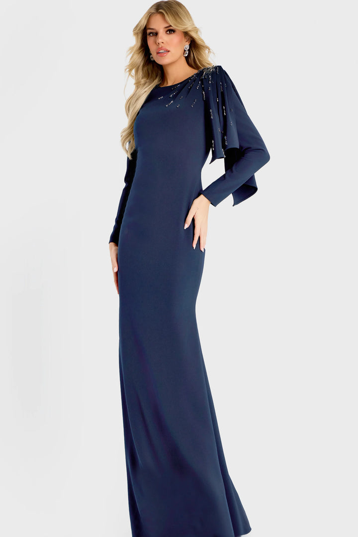 Jovani 46738 Long Sleeve Gown With Draped Shoulder Detail - FOSTANI.com