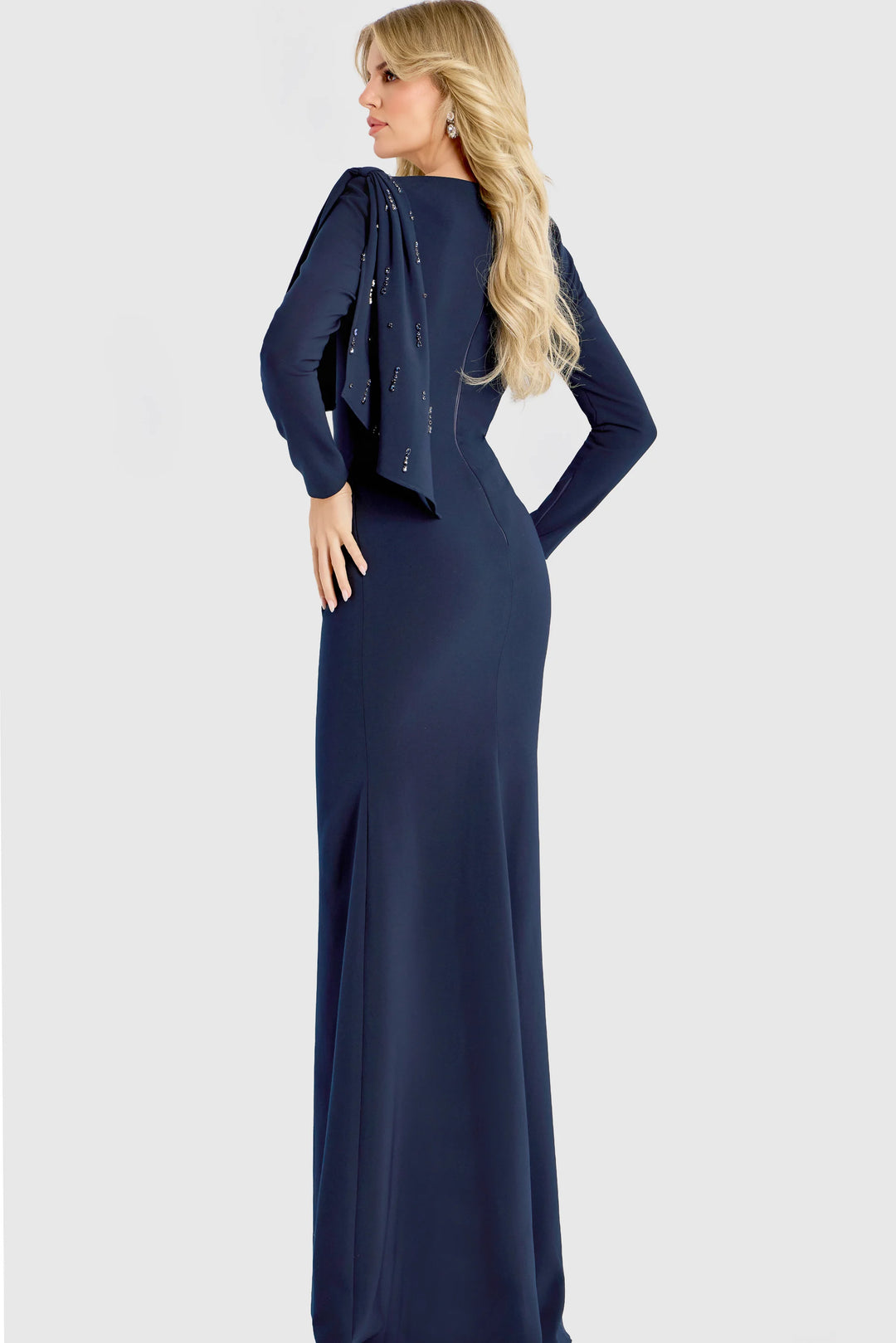 Jovani 46738 Long Sleeve Gown With Draped Shoulder Detail - FOSTANI.com