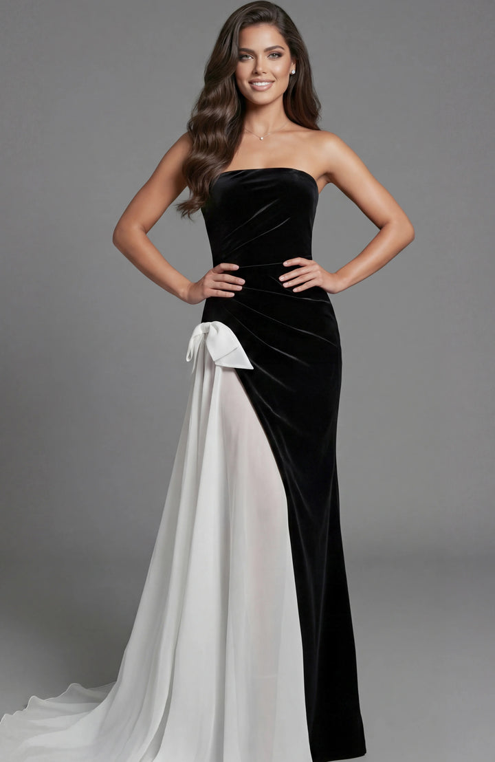 Jovani 50241 Strapless Velvet Gown With Contrast Drape - FOSTANI.com