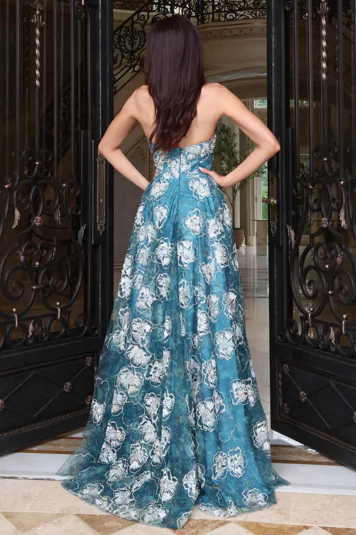 Jovani 47216 strapless floral a-line gown with shawl back view