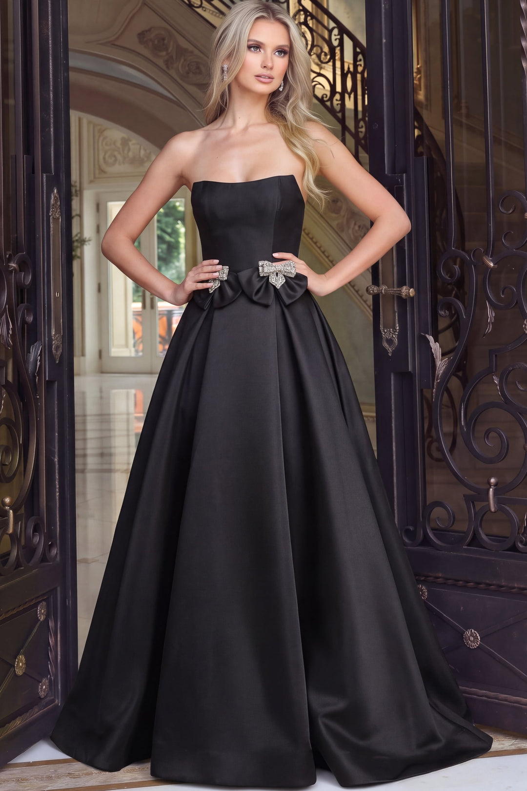 Jovani 47594 Strapless Crystal Bow Ball Gown Prom Dress front view