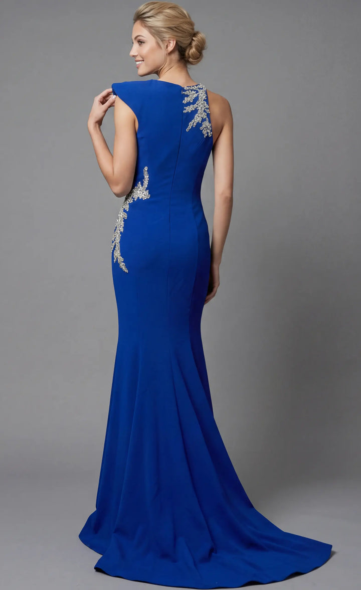 Jovani 47802 mermaid gown back three-quarter view with sweep train