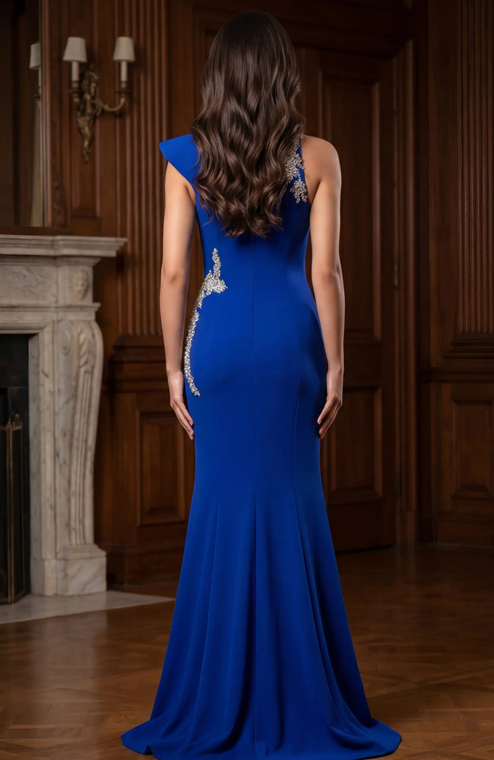 Jovani 47802 mermaid gown closed back view with appliqué detail