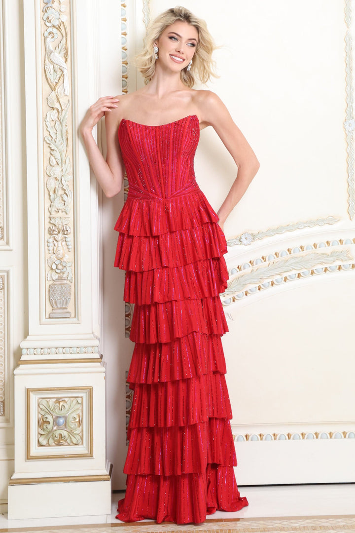 Jovani 48433 Strapless Corset Bodice Tiered Ruffle Gown front view