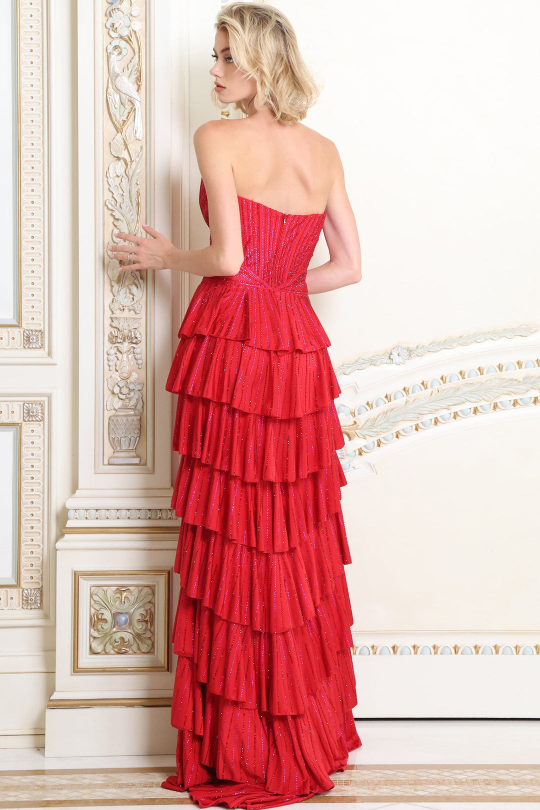Jovani 48433 Strapless Corset Bodice Tiered Ruffle Gown back view