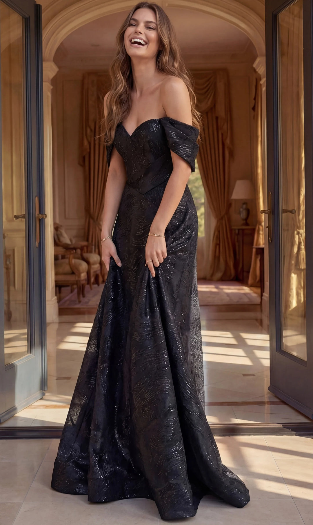 Jovani 48455 Brocade Off Shoulder A Line Gown - FOSTANI.com