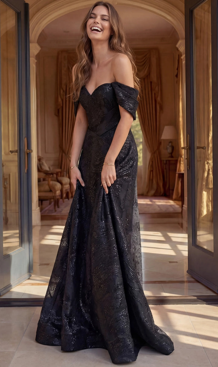 Jovani 48455 Brocade Off Shoulder A Line Gown - FOSTANI.com
