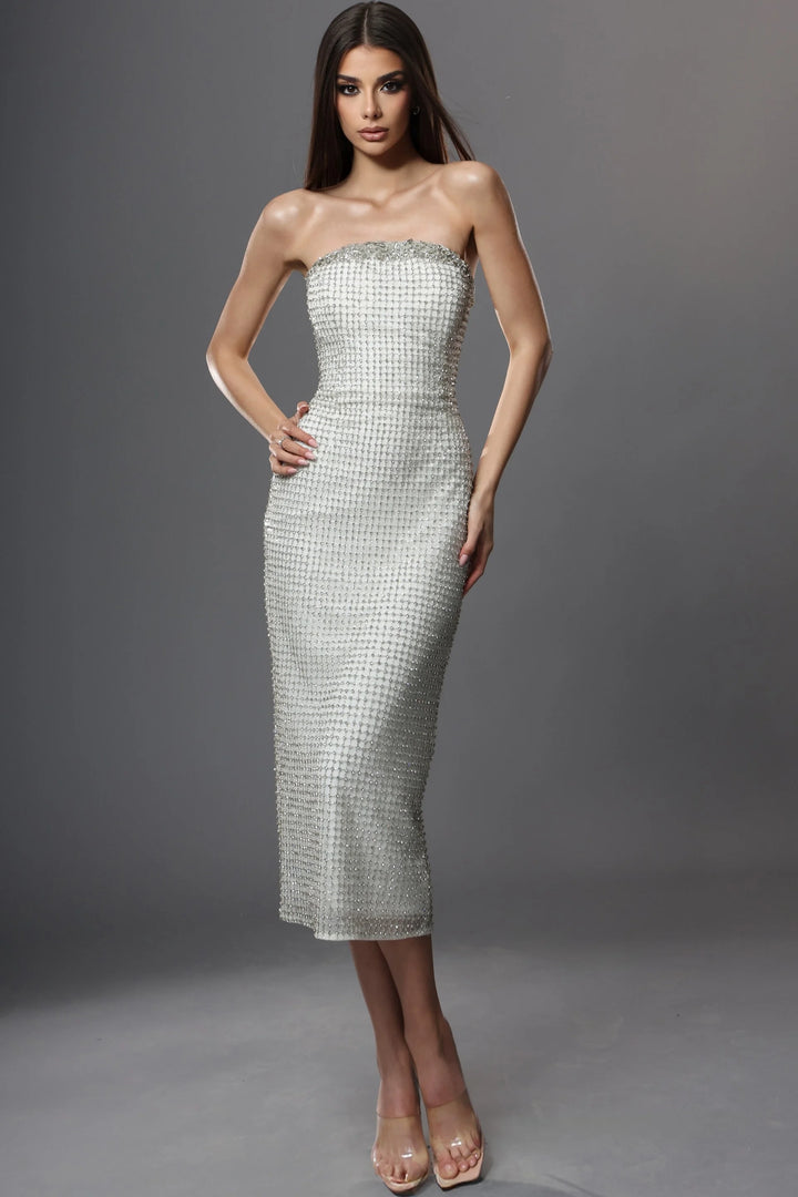 Jovani 48559 Strapless Beaded Midi Dress with Fitted Silhouette