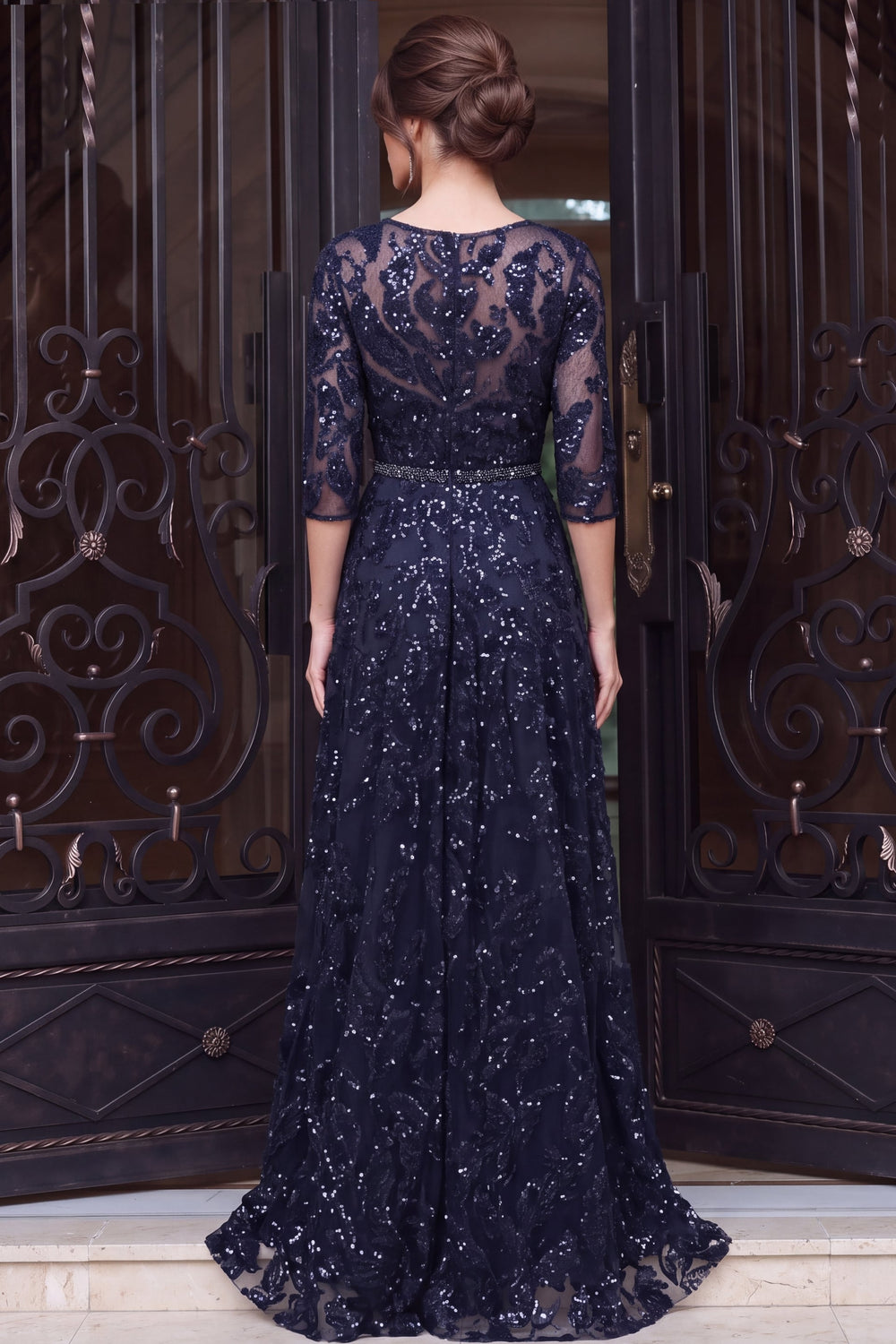 Jovani 48749 V-Neck Three-Quarter Sleeve Embellished A-Line Evening Gown back view