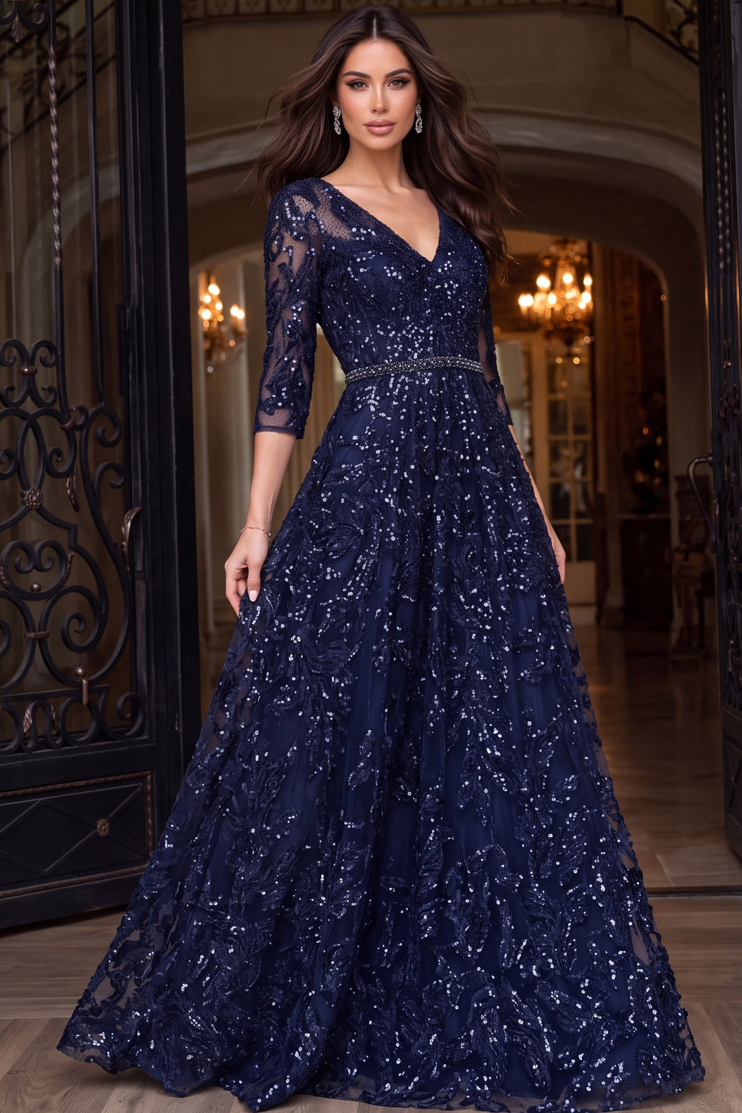Jovani 48749 V-Neck Three-Quarter Sleeve Embellished A-Line Evening Gown front view