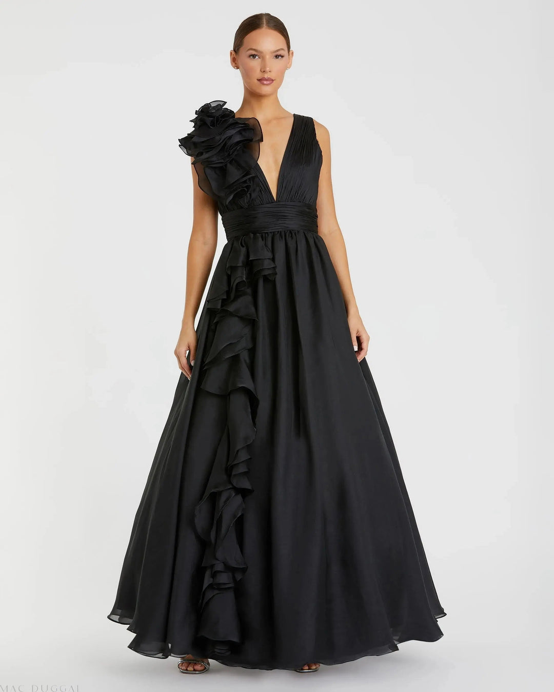 Mac Duggal 9969153P	Black Ruffle Shoulder V-Neck Chiffon Gown