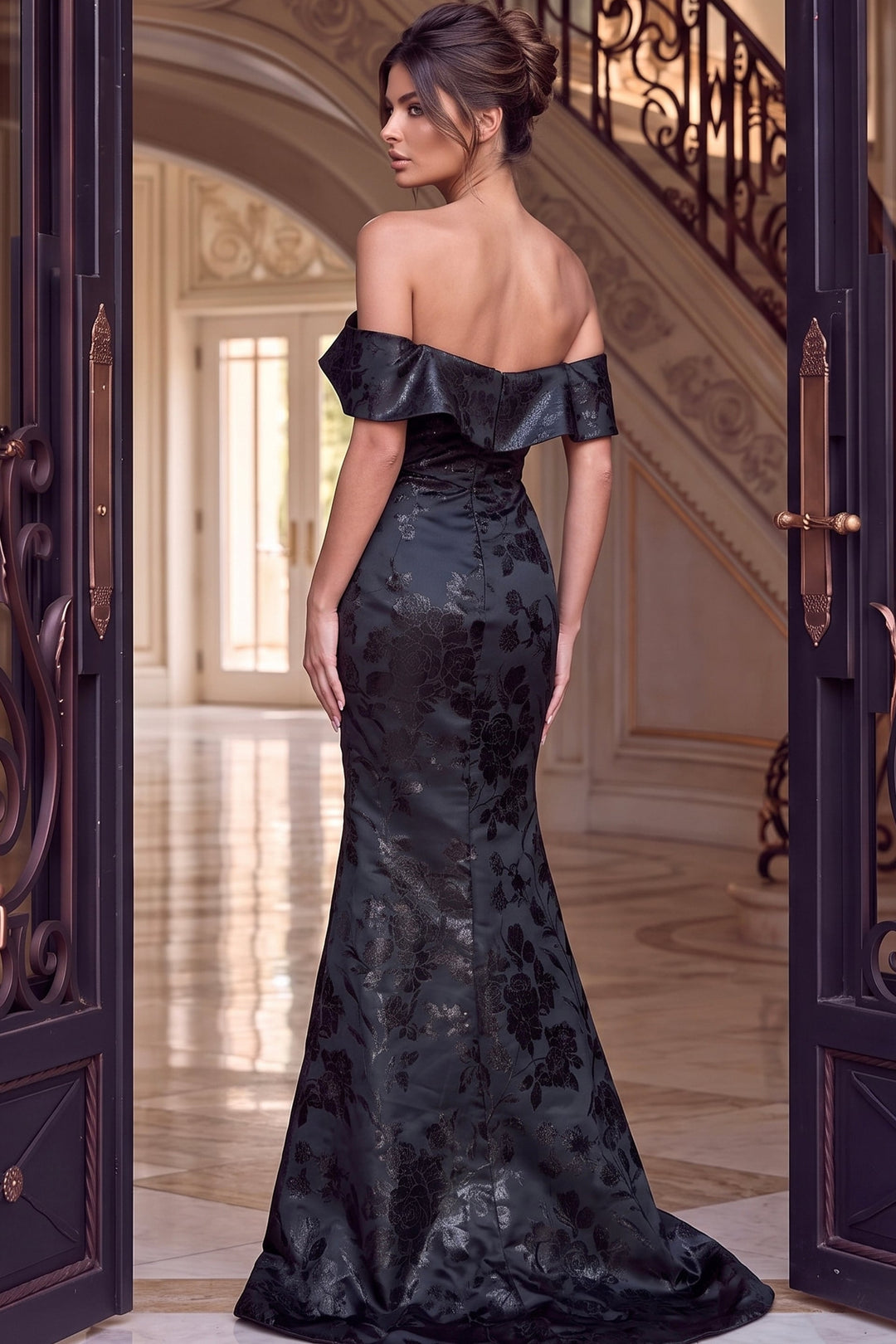 Jovani 49028 Off the Shoulder Portrait Collar Mermaid Gown back view