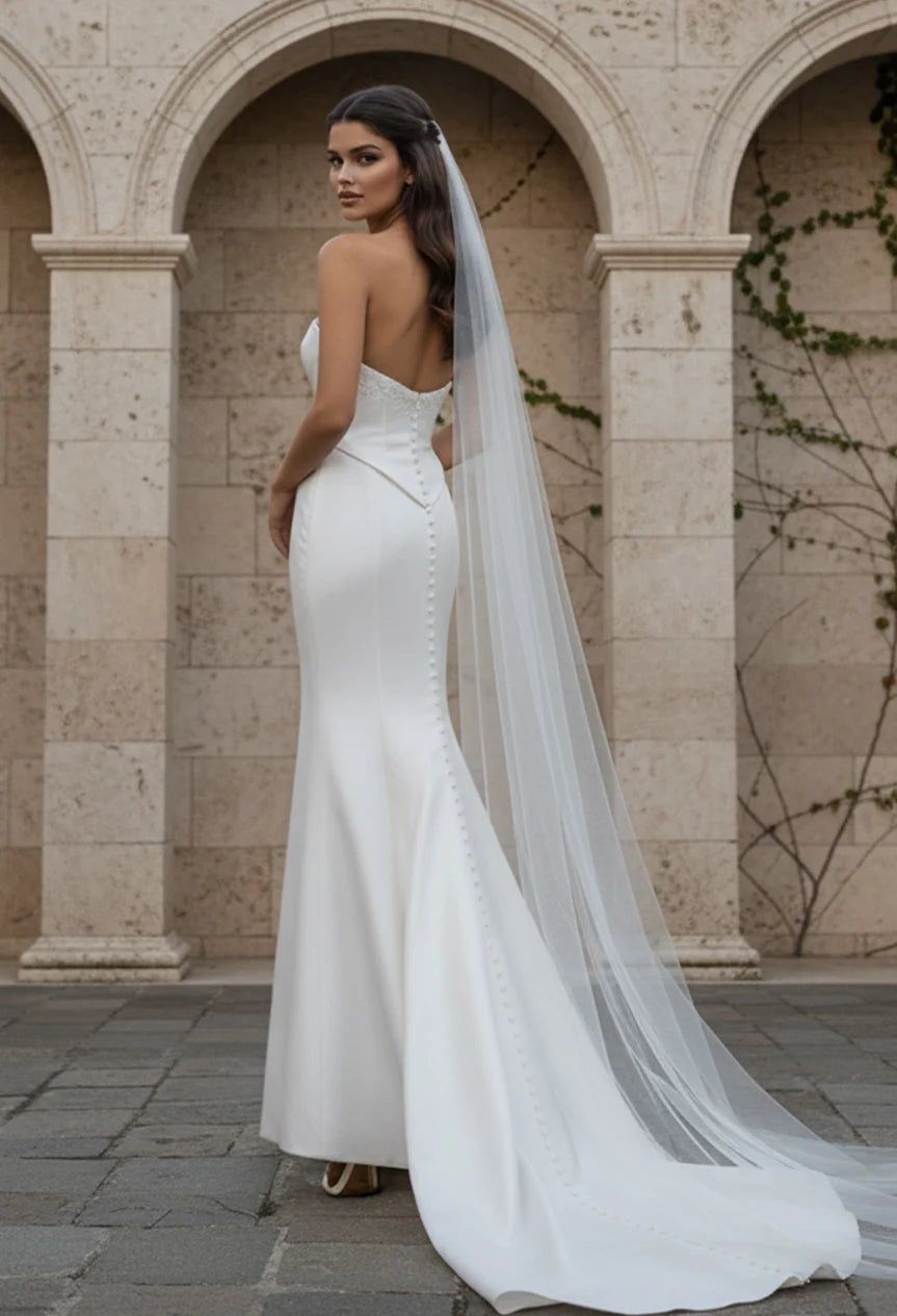 Jovani JB49077 Strapless Crepe Bridal Gown With Button Detail Train