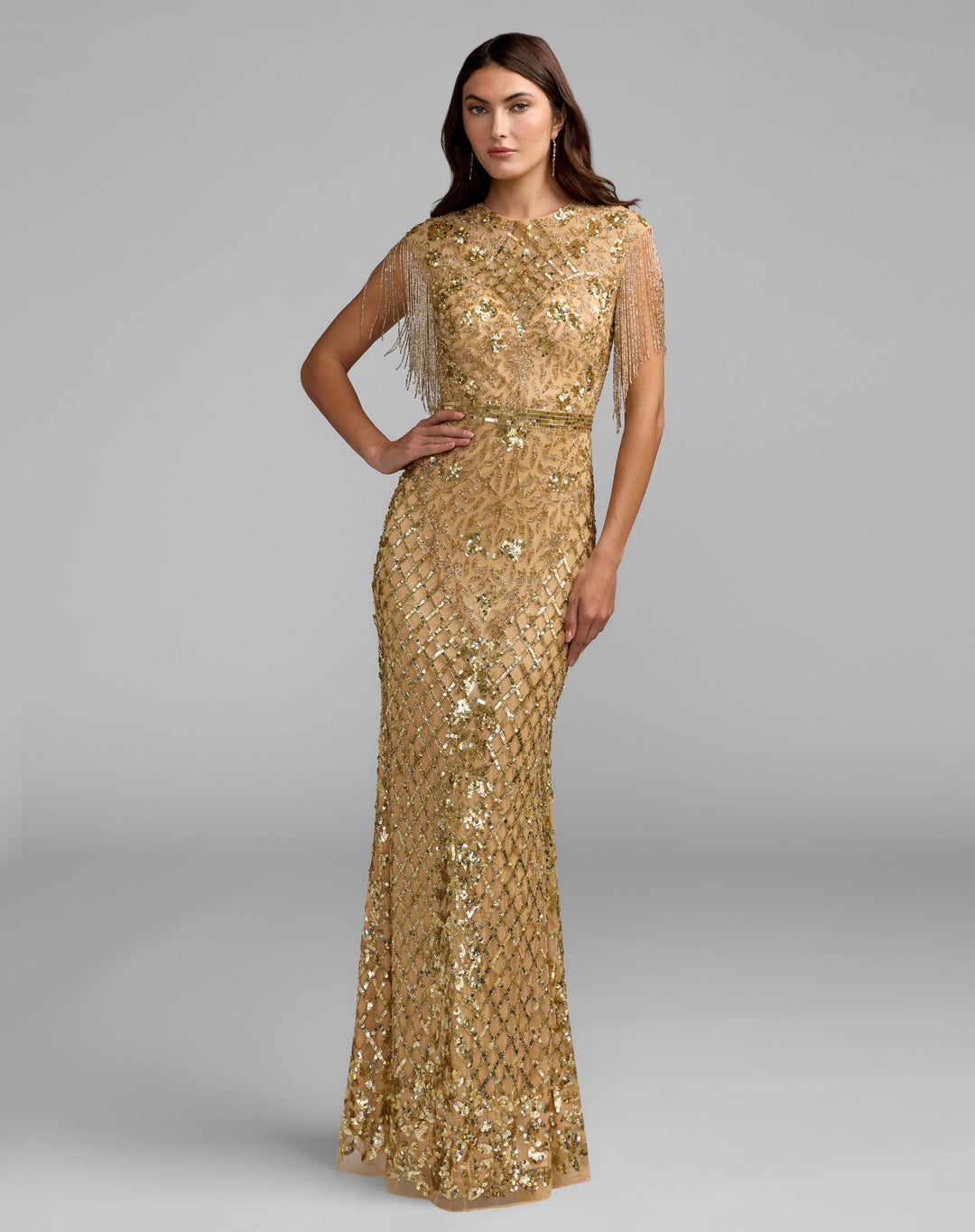 Mac Duggal 4908 High Neck Beaded Fringe Fitted Gown