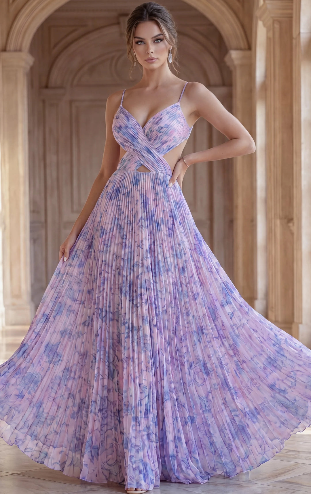 Jovani 49161 Pleated Printed Gown with Crisscross Bodice - FOSTANI.com