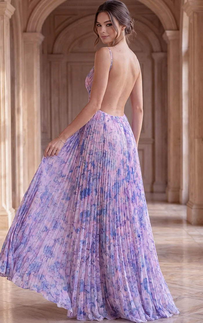 Jovani 49161 Pleated Printed Gown with Crisscross Bodice - FOSTANI.com