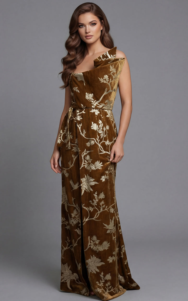 Jovani 49312 One Shoulder Floral Velvet Evening Gown - FOSTANI.com